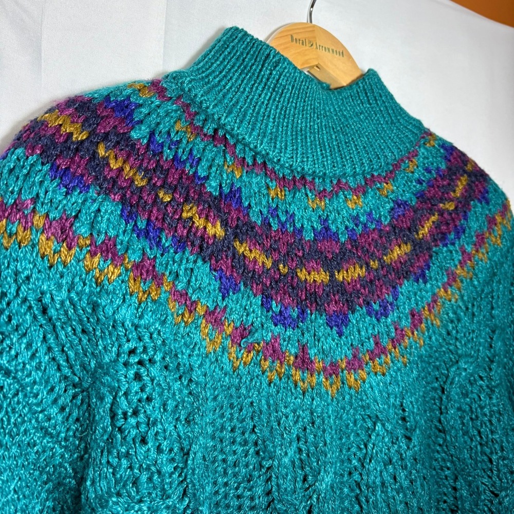 Vintage Jamie Scott Hand Knit Teal Fair Isle Sweater Mock Neck Heavy Ramie Large - Picture 3 of 9